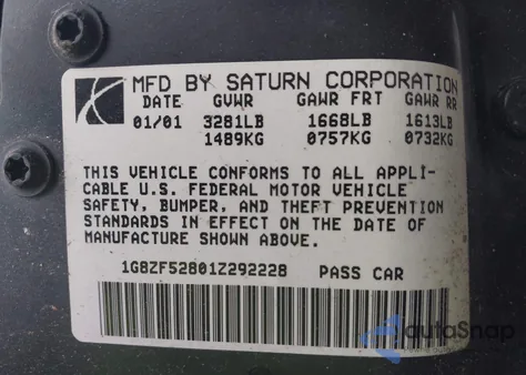 2001 Saturn Sl z USA, uszkodzony, nr VIN 1G8ZF52801Z292228